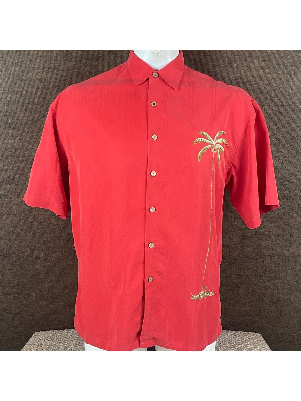 Bamboo Cay Embroidered Shirt Men Large Red Hawaiian Textured Short Sleeve 19